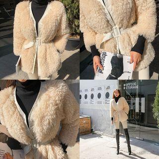 Faux-fur Jacket With Belt Beige - One Size