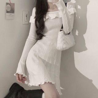 Long-sleeve Frill Trim Off-shoulder Mini A-line Dress White - One Size