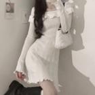 Long-sleeve Frill Trim Off-shoulder Mini A-line Dress White - One Size