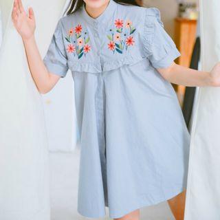 Short-sleeve Embroidered A-line Shirt Dress