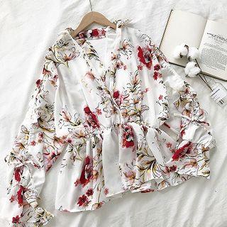 Floral Backless V-neck Flare-sleeve Chiffon Top