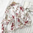 Floral Backless V-neck Flare-sleeve Chiffon Top