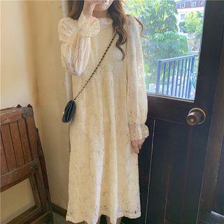 Lace Long-sleeve Midi Dress Lace Dress - Almond - One Size