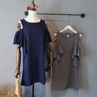 Short-sleeve Cutout-shoulder Plain Dress