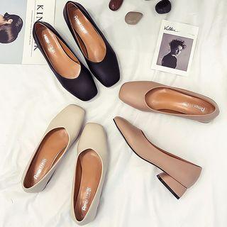 Plain Faux-leather Low-heel Pumps