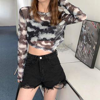 Long-sleeve Tie-dyed Cropped T-shirt Black - One Size