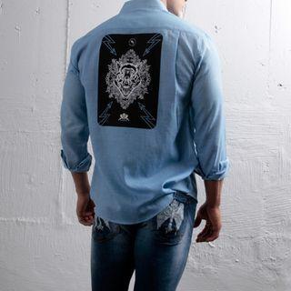 Pocket-front Wolf-printed Shirt (blue)