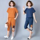 Set: Applique Short-sleeve T-shirt + Cropped Straight-fit Pants