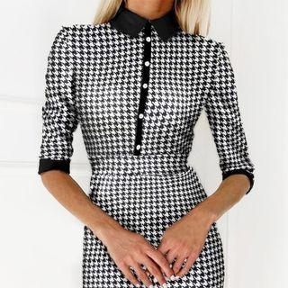 Elbow-sleeve Houndstooth Mini Sheath Shirtdress
