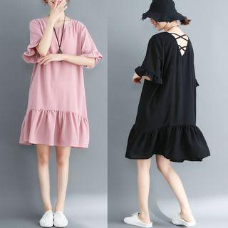 Elbow-sleeve Ruffle Hem Chiffon Dress