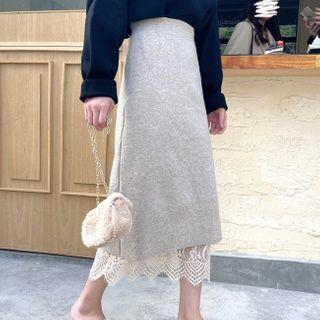 Lace Midi A-line Knit Skirt