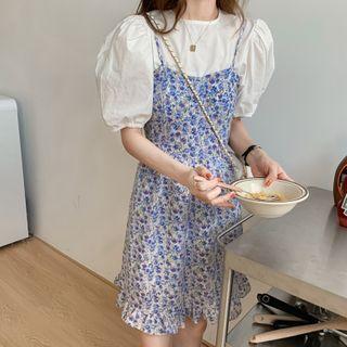 Puff-sleeve Blouse / Spaghetti Strap Floral Print A-line Dress