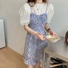 Puff-sleeve Blouse / Spaghetti Strap Floral Print A-line Dress