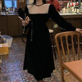 Long-sleeve Beaded Mesh Panel Velvet Top / Midi A-line Dress