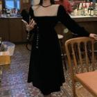 Long-sleeve Beaded Mesh Panel Velvet Top / Midi A-line Dress