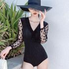 Long-sleeve Dotted Mesh Open-back Swimsuit