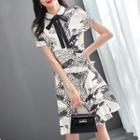 Bow-neck Crane Print Midi A-line Dress