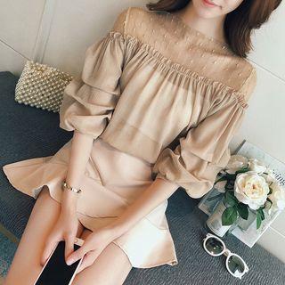 Mesh Panel 3/4 Sleeve Chiffon Blouse