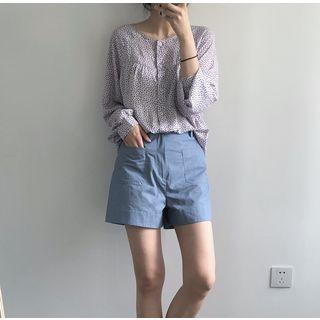 Long-sleeve Dotted Blouse Light Purple - One Size