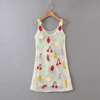 Sleeveless Fruit Pattern Crocheted Dress Beige - One Size