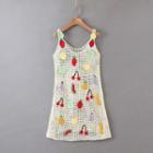 Sleeveless Fruit Pattern Crocheted Dress Beige - One Size