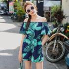 Off Shoulder Tropical Print Playsuit