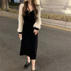 Long-sleeve Lace Panel Velvet Midi Dress Dress - One Size
