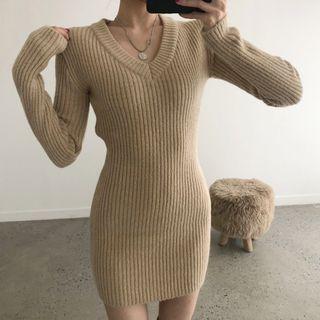 V-neck Mini Rib Knit Dress