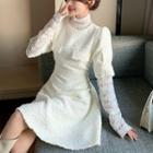 Puff-sleeve A-line Dress / Turtle-neck Lace Top
