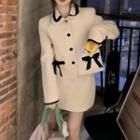 Set Of 2 : Contrast Trim Bow Accent Long-sleeve Jacket / Plain High-waist A-line Mini Skirt