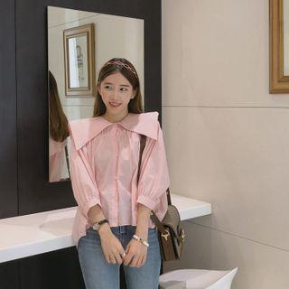 Wide-collar 3/4-sleeve Shirred Blouse