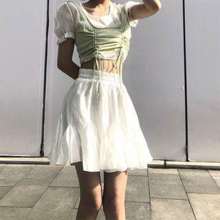 Plain Asymmetrical Skirt / Puff-sleeve Crop Top + Drawstring Camisole Top