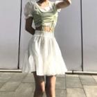 Plain Asymmetrical Skirt / Puff-sleeve Crop Top + Drawstring Camisole Top