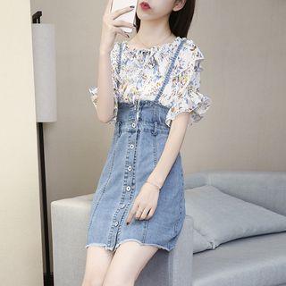 Elbow-sleeve Chiffon Top / Buttoned A-line Mini Denim Suspender Skirt