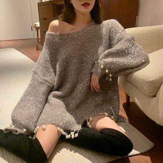 Glitter Faux Pearl Boatneck Chunky Sweater