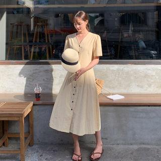 V-neck A-line Shirtdress Beige - One Size
