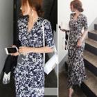 V-neck Short-sleeve Slit Maxi A-line Dress