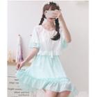 Set: Contrast Color Spaghetti Strap Dress + Ruffled Short-sleeve Top