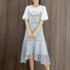 Set: Short-sleeve Long T-shirt + Spaghetti Strap Lace A-line Midi Dress