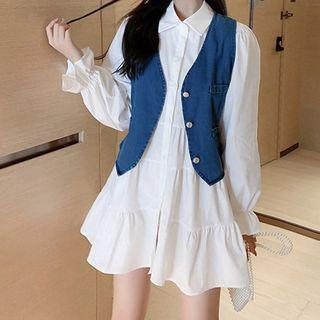 Set: Collared Long-sleeve Mini Shift Dress + Denim Vest