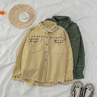 Fray-hem Studded Long-sleeve Denim Shirt
