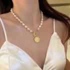 Disc Pendant Faux Pearl Necklace 1 Pc - Gold - One Size
