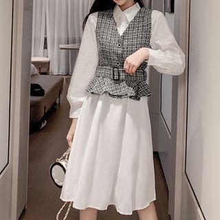 Set: Long-sleeve Midi A-line Shirt Dress + Tweed Button Vest