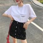 Short-sleeve Lettering T-shirt / Sequined Mini A-line Skirt