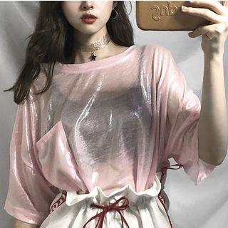 Crew-neck Elbow-sleeve Top / Drawstring High Waist Shorts