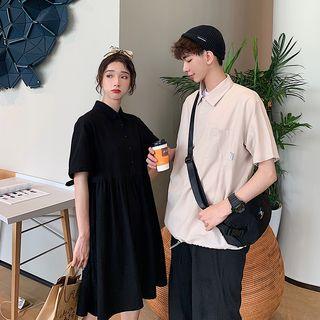 Couple Matching Short-sleeve Placket T-shirt / Elbow-sleeve Buttoned A-line Dress