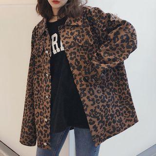 Leopard Print Buttoned Denim Jacket As Shown In Figure - One Size