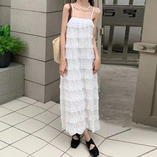 Spaghetti Strap Eyelet Lace Tiered Midi Dress