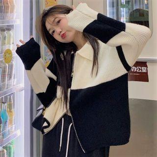 Checkered Collared Zip Cardigan Black & White - One Size