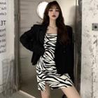 Spaghetti Strap Zebra Print Mini Bodycon Dress / Double-breasted Blazer